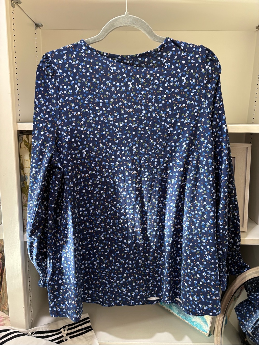 Lands' End Navy Blue Floral 3/4 Sleeve Lightweight Jersey Button Front Top M - Picture 11 of 11